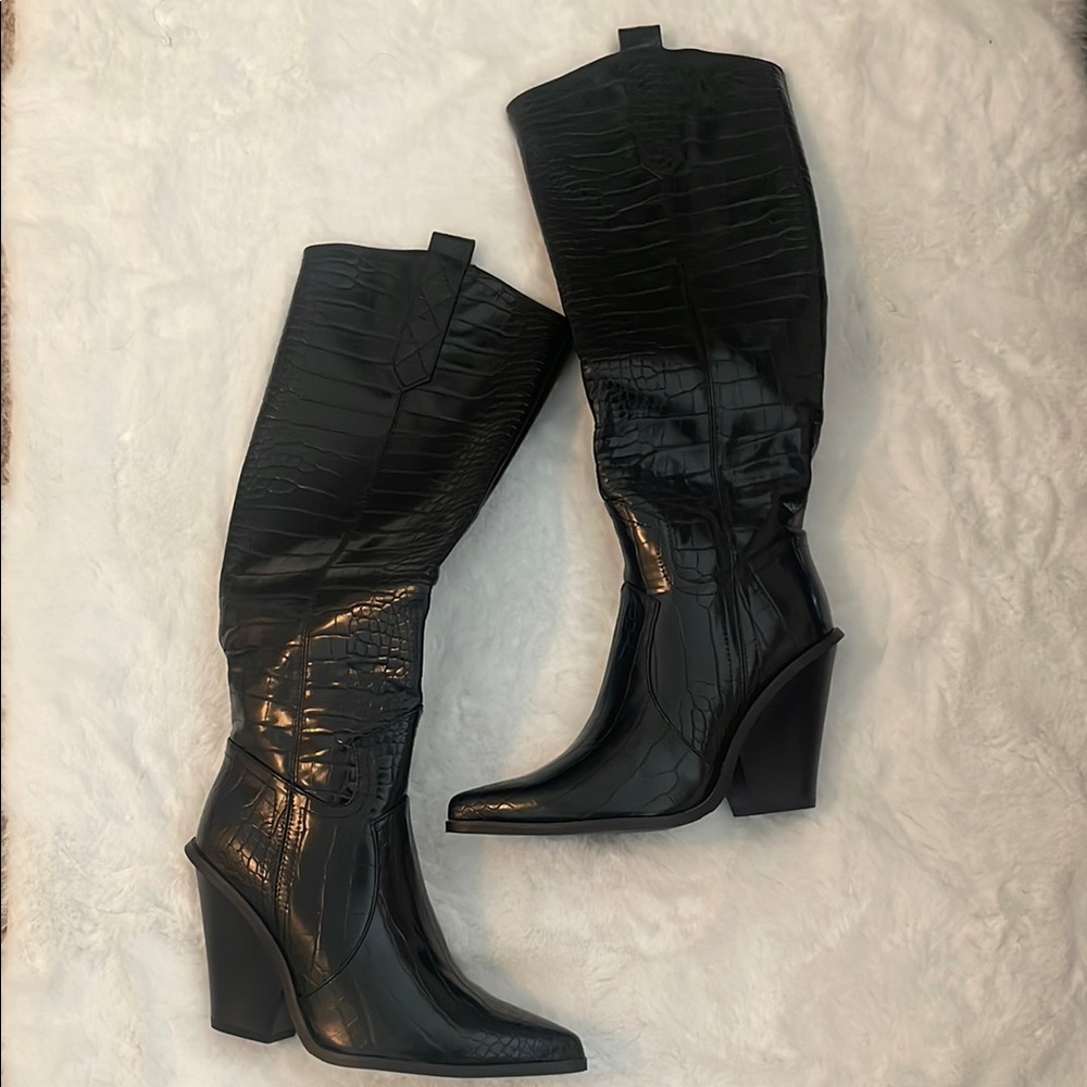 Black Croc-Embossed Cowboy Boots
